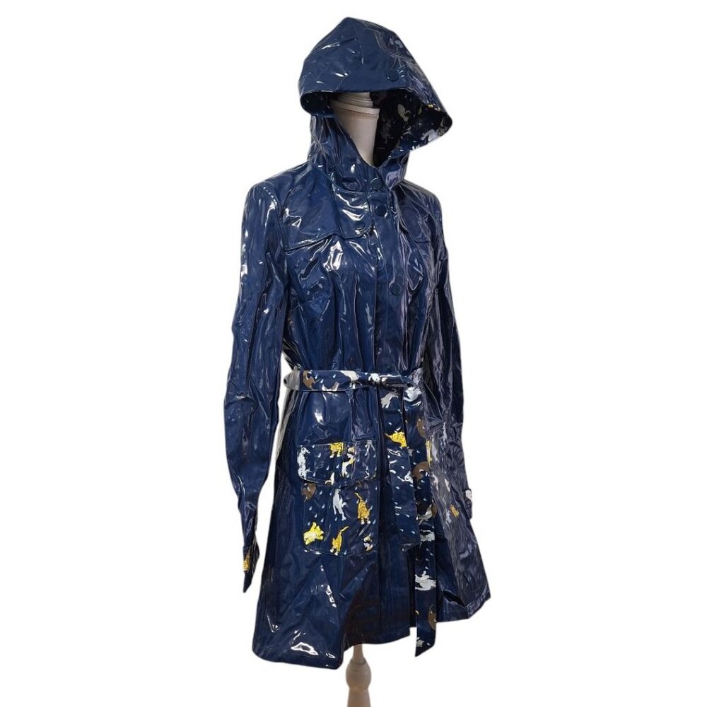 dll Rainwear Cats Dogs Jacket Blue‎ Hooded Pockets Belt Womens Size 14 Snap
